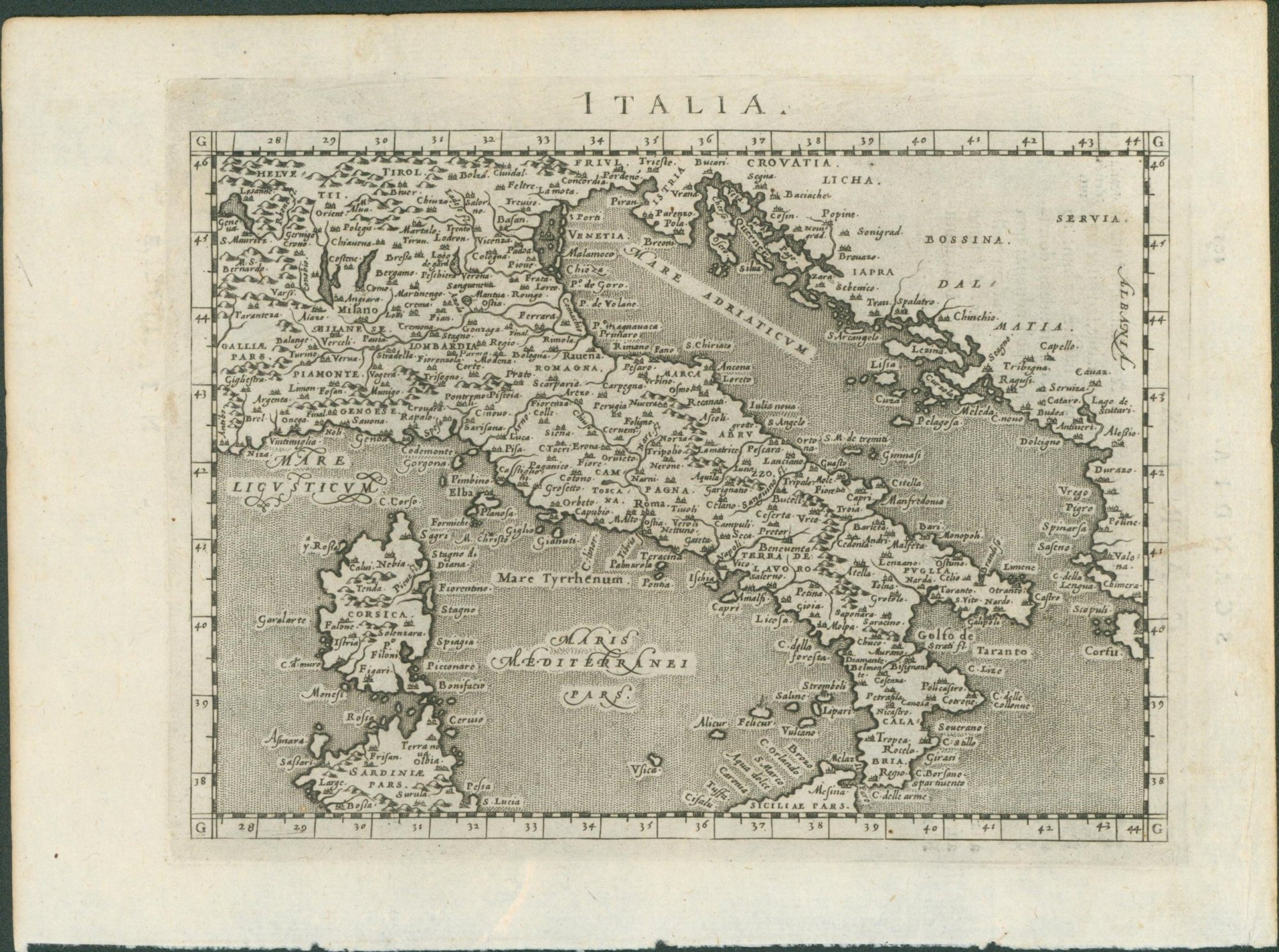 Magini, Italia and Sardinia et Sicilia — Geographiae Universae, Venice 1596 (pair, sold together) - Lumenrare Antique Prints & Maps