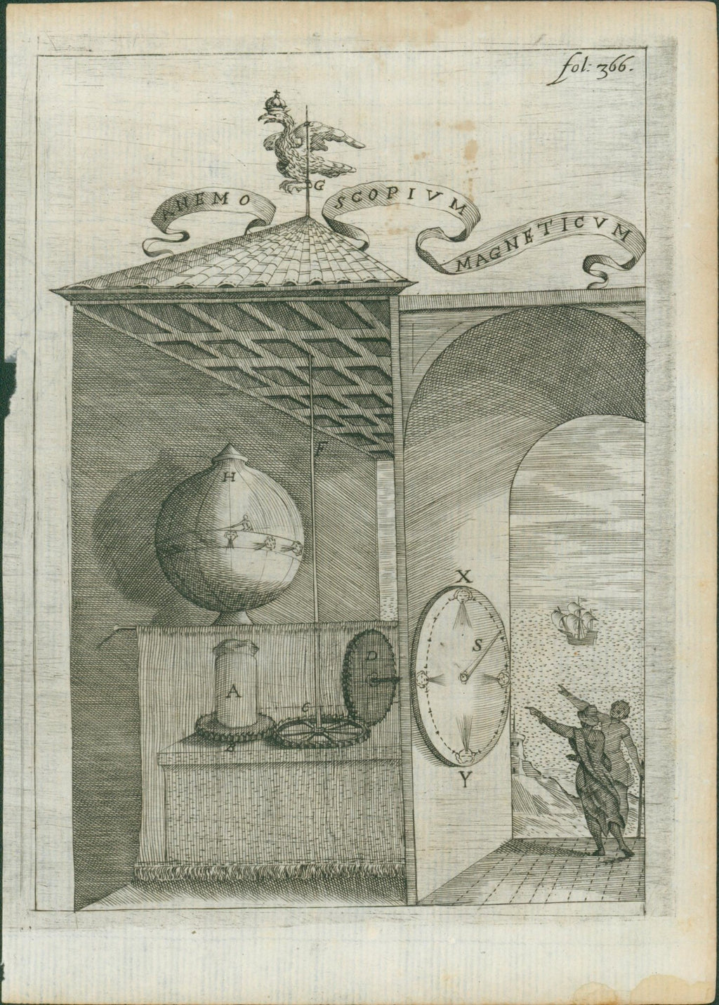 Pair of early science Magnetism Engravings by Athanasius Kircher, c1641 - Lumenrare Antique Prints & Maps