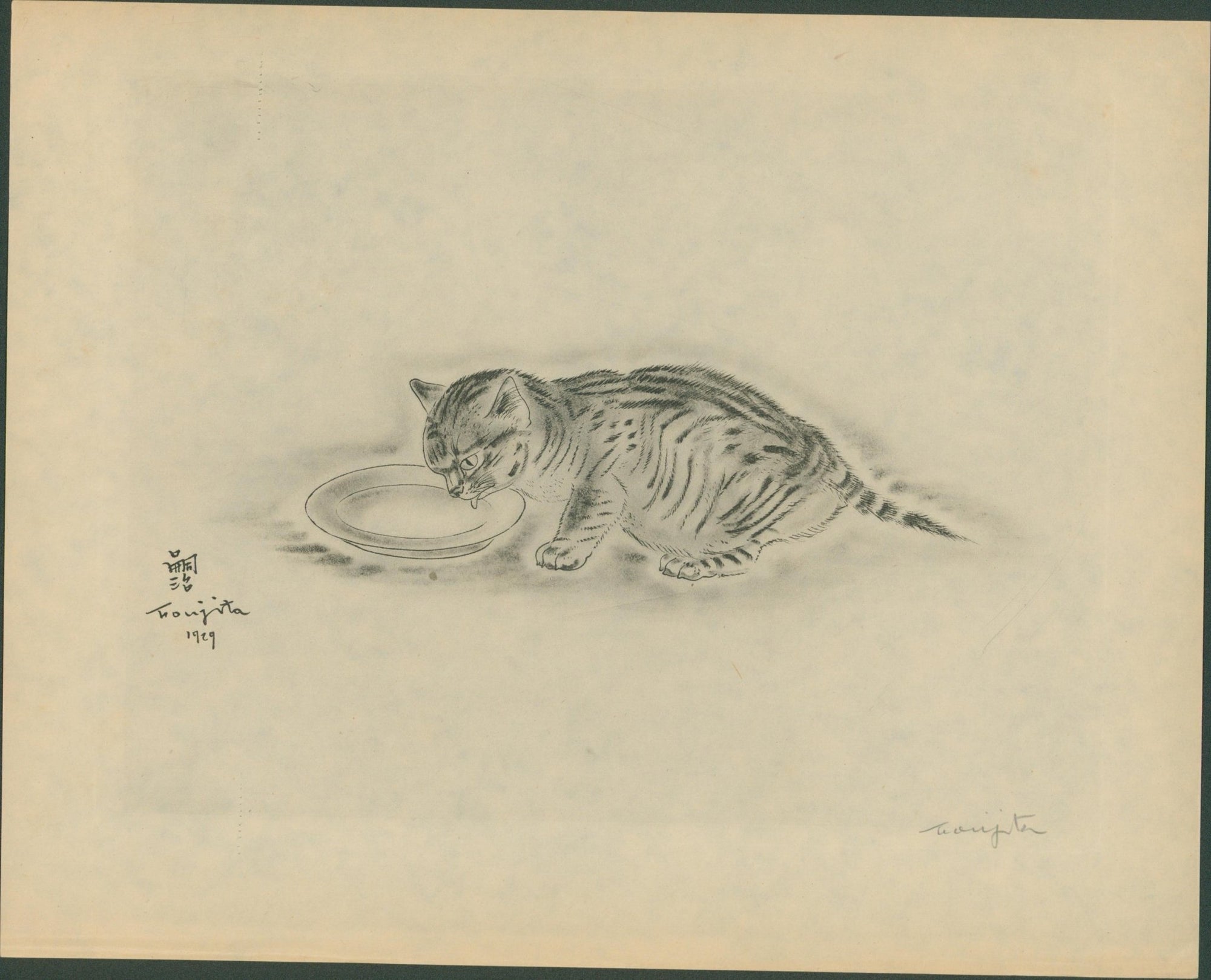 Tsuguharu Foujita - Cat Drinking (from A Book of Cats), 1929/1930 - Signed - Lumenrare Antique Prints & Maps