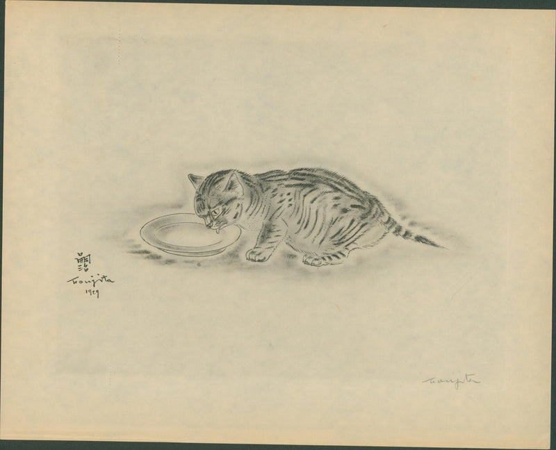 Tsuguharu Foujita - Cat Drinking (from A Book of Cats), 1929/1930 - Signed - Lumenrare Antique Prints & Maps
