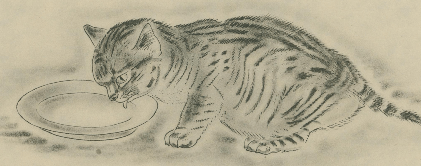 Tsuguharu Foujita - Cat Drinking (from A Book of Cats), 1929/1930 - Signed - Lumenrare Antique Prints & Maps